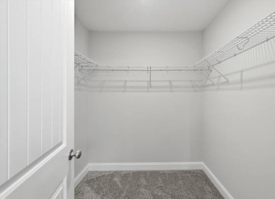 A white closet with a carpeted floor and a white door.