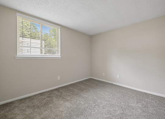 A room with a window covered by white blinds.