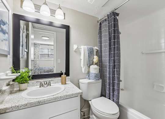 A bathroom with a white toilet, sink, and shower area.