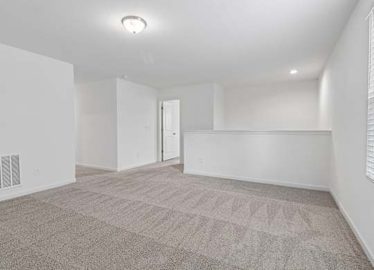 A spacious room with a carpeted floor and a door in the background.