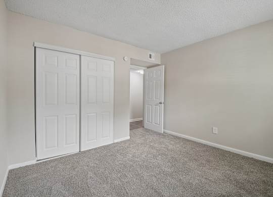 A room with a carpeted floor and two white doors.