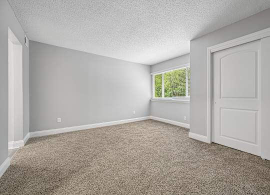 A room with a carpeted floor and a window with blinds.