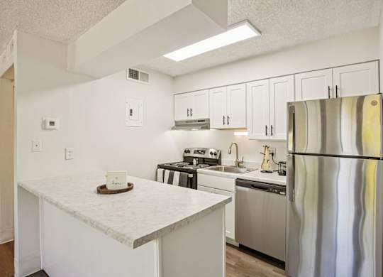 Modern kitchen with granite countertops and stainless-steel appliances at Willowstone Apartments near the Denver Tech Center