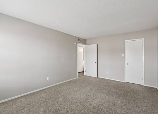 A room with a carpeted floor and two white doors.