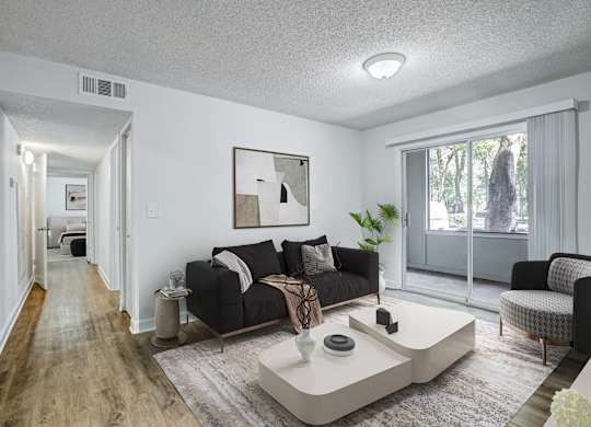 Spacious living room in renovated apartment at Chelsea Apartments in Gainesville FL, pet-friendly community