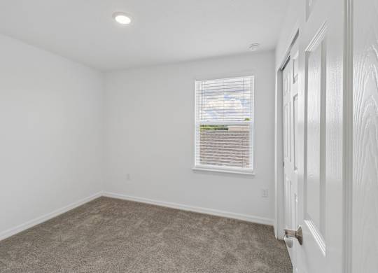 A room with a carpeted floor and a window with blinds.