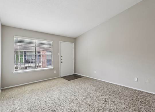 A room with a carpeted floor, a door, and a window with blinds.