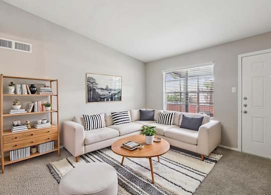 A living room with a sofa, a coffee table, and a bookshelf.