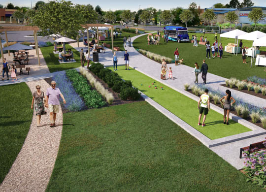 a rendering of a park with people walking around and tables and umbrellas