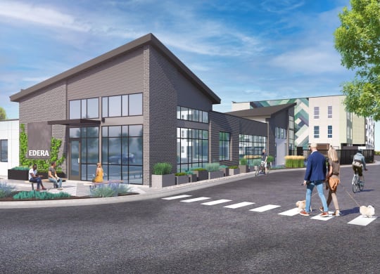a rendering of a building with people crossing a street