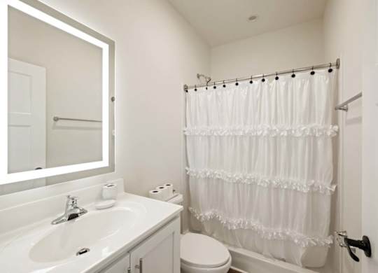 Modern bathroom with white vanity, lighted mirror, and shower curtain in a clean, minimalist design.