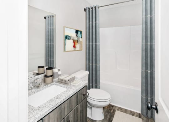 a bathroom with a shower and a sink and a toilet