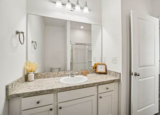 A bathroom with a sink, mirror, and a small vase of flowers.