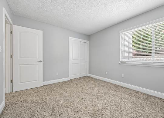 A room with a carpeted floor and a window with blinds.
