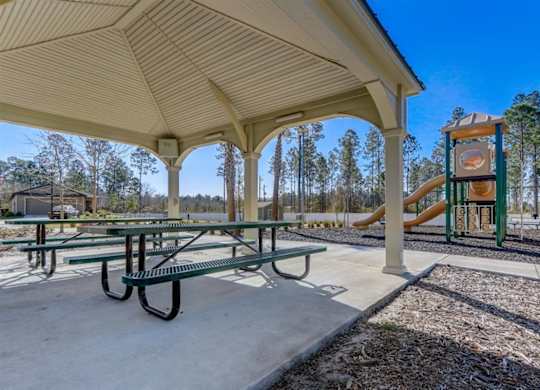 Community park featuring a covered picnic area and playground.