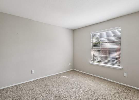 A room with a window and carpeted floor.