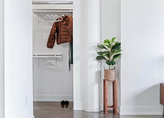 a hallway with a closet and a wooden stool with a plant