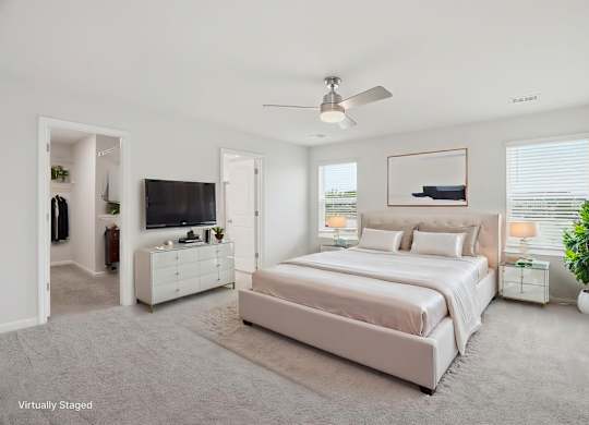 A bedroom with a large bed, a television, and a plant.