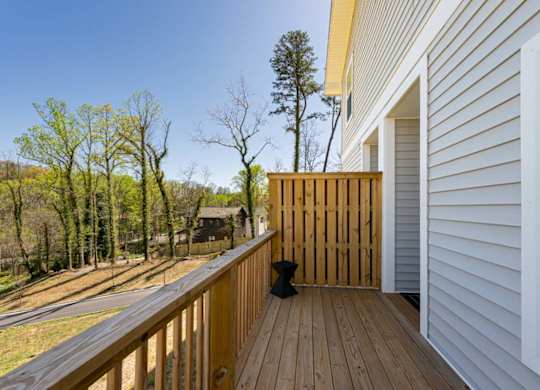 A cat is sitting on a wooden deck.