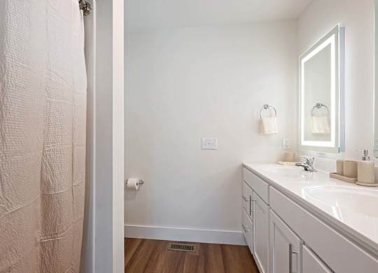 A bathroom with a white sink and a mirror.