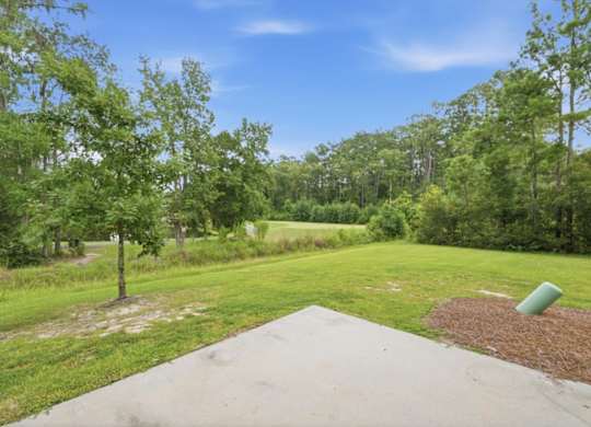 A concrete pathway leads through a grassy area with trees on either side.