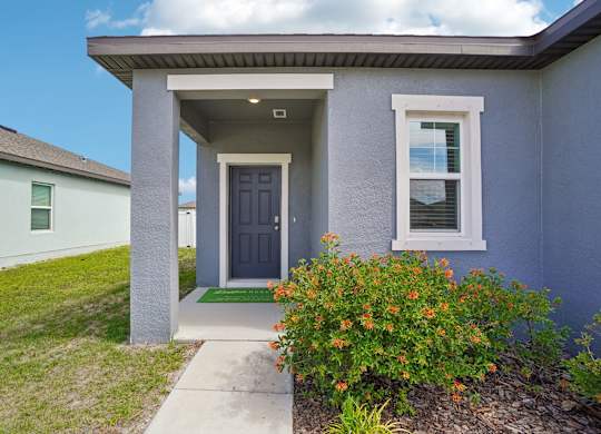 A small house with a dark blue door and a window.