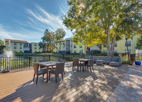“Outdoor lounge seating area at Belara Lakes apartments near Egypt Lake / Lowry Park in Tampa, Florida