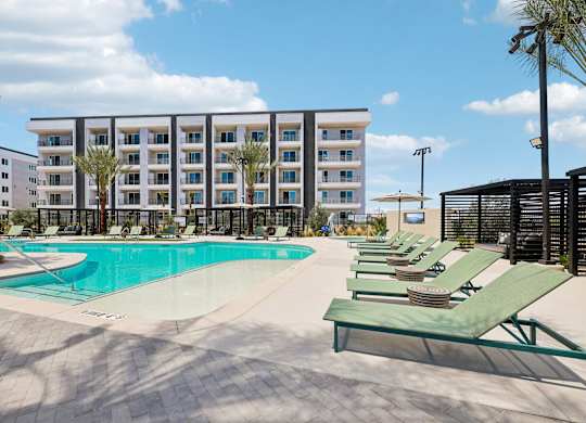 A large swimming pool is surrounded by sun loungers and palm trees.