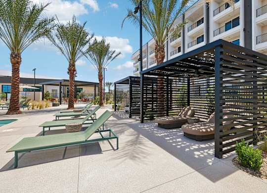 A sunny day at the outdoor seating area of a modern building with palm trees and benches.
