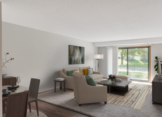 Laurel West End Apartments in Golden Valley, MN photo of a living room filled with furniture and a large window