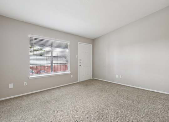 A room with a carpeted floor, a window with blinds, and a door.
