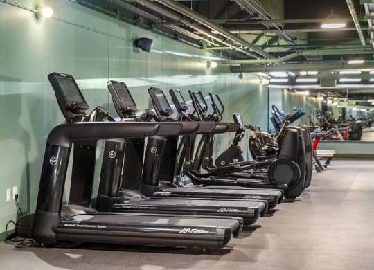 a row of exercise equipment in a gym