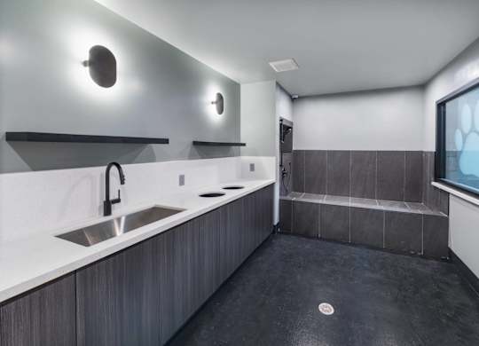 A modern bathroom with a sink and a window.
