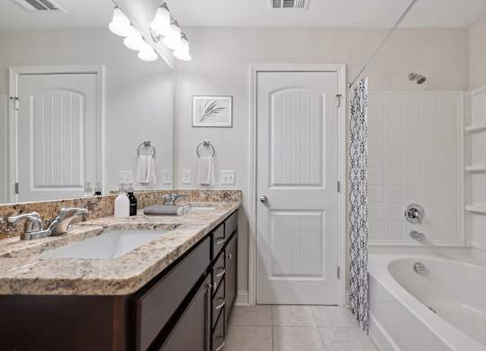 Harris Trail Luxury Townhomes for rent Richmond Hill, GA photo of a bathroom with a sink and a shower and a bath tub