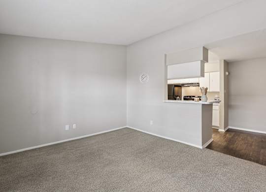 A large, empty room with a carpeted floor and a small kitchen area in the background.