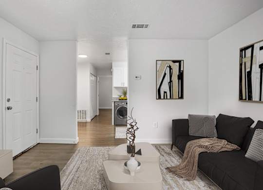 Pet-friendly living room with couch and coffee table at Addison Lane Apartment Homes in Gainesville, FL