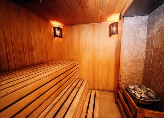 Pet-Friendly Apartments in Bloomington, MN - Carbon31 - Wooden Interior Designed Sauna with Steam Rocks and Tile Backsplash