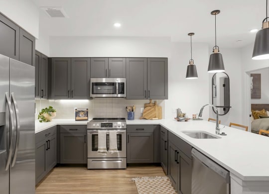 a kitchen with gray cabinets and stainless steel appliances