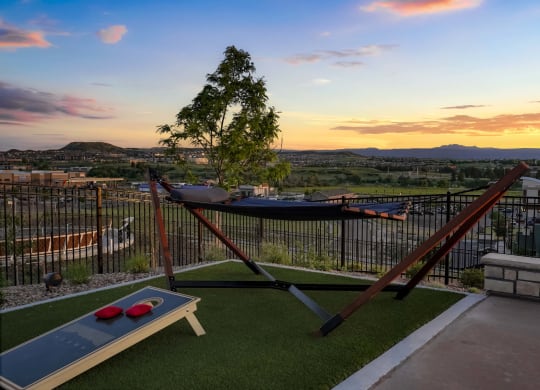 a view of a backyard with a hammock and a table with balls on it