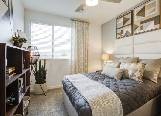 South Scottsdale Apartments - Lucent Scottsdale - Spacious Bedroom With Carpeted Flooring, Bed, Side Tables With Lamps, Dresser, Ceiling Fan, And A Window With Blinds