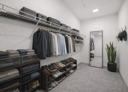 A clothing store with clothes and shoes on display.