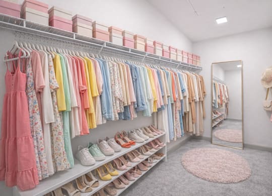 A clothing store with a variety of colorful dresses and shoes.