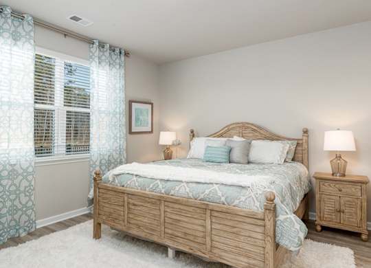 Myrtle Beach, SC Homes-The Palmer at Carolina Forest-Bedroom with Wood Plank Flooring, Faux Wood Blinds, and High Ceilings
