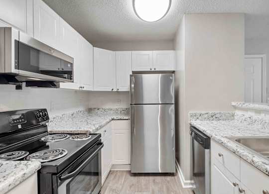 Kitchen with stainless steel appliances at Ashford at Spring Lake in Atlanta, Georgia