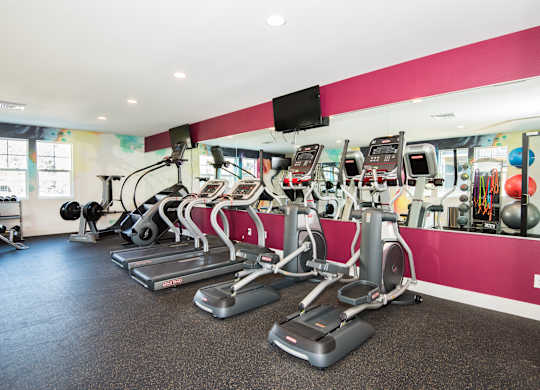 Pet-Friendly Luxury Apartments in Vancouver, WA - Autumn Grove - Fitness Center with Treadmills, Free Weights, Strength Training Equipment, Workout Benches, and Windows.