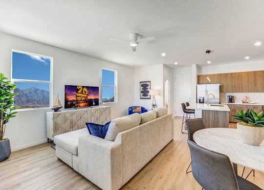 a living room with a couch and a table