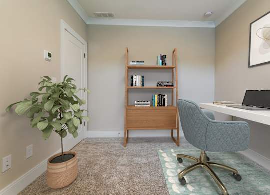 A room with a chair, a desk, a plant and a bookshelf.