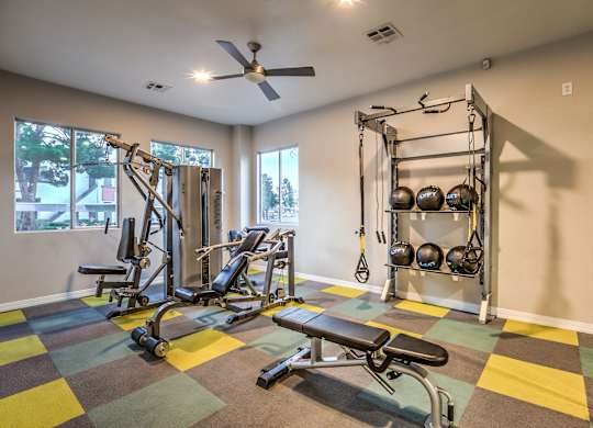 A well equipped gym with a bench, weights and a fan.