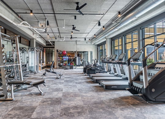 Apartments for Rent in Bloomington, MN - Carbon31 - Fitness Center with Treadmills, Training Machines, Weight Lifting Equipment, Large Windows, and Ceiling Fans
