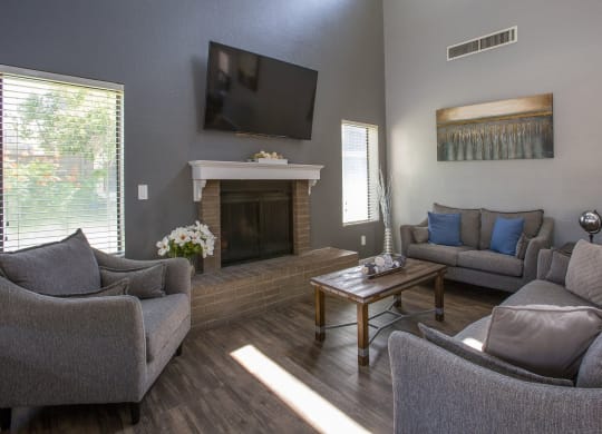Pet-Friendly Apartments in Tucson, AZ - Peaks at Redington - Living Room with Couches, Coffee Table, Fireplace, Mounted Television, Wall Painting, Large Windows, and Wood-Style Flooring.
